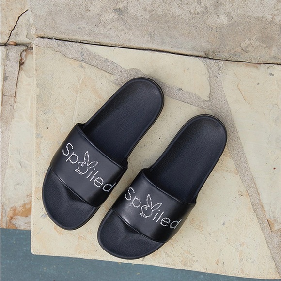 NWT Playboy By PacSun Women's Black Spoiled Slide Sandals Black - Picture 2 of 9